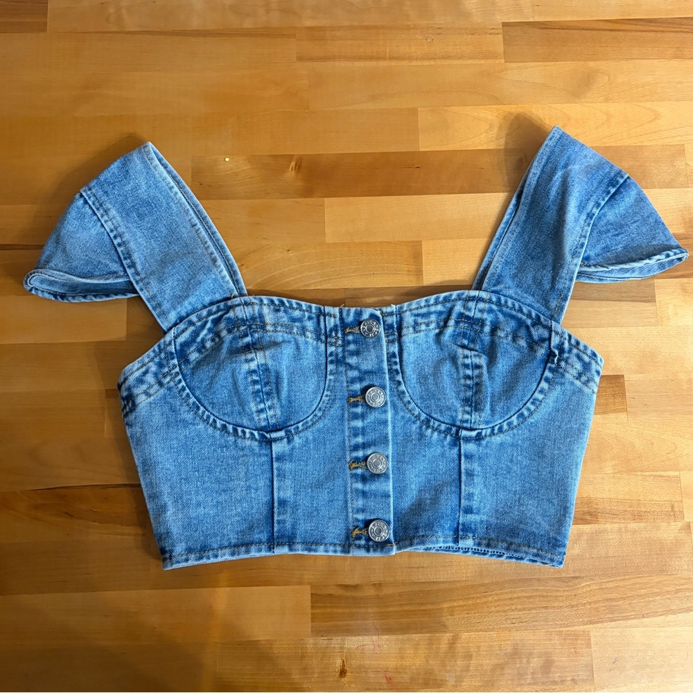 Light Wash Denim Cropped Bustier Tank with Button Front
